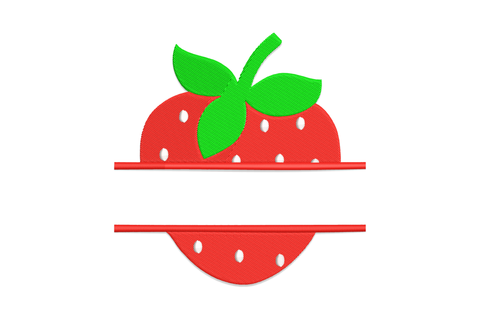 Strawberry split applique embroidery design with red fabric body, green leaf cap and satin border, shown on white background