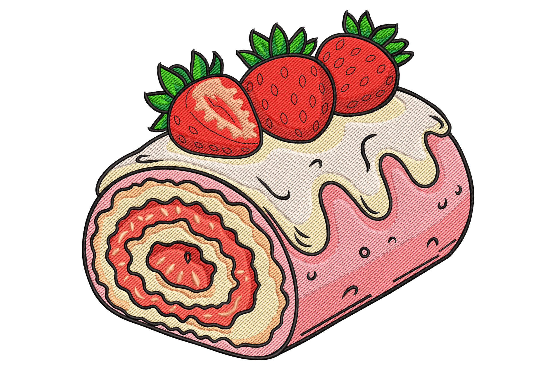 Embroidery of a sliced strawberry swiss roll cake with pink jam spiral, cream filling and three whole strawberries on top.