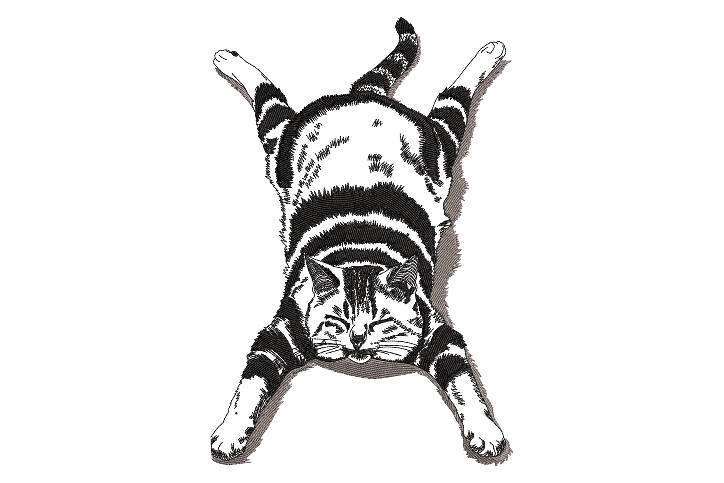 Stretching cat embroidery design viewed from above, tabby with all four paws extended, black and grey two-color linework