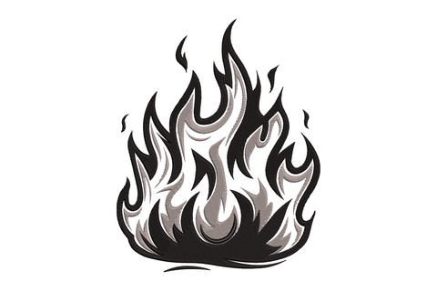 Bold flame machine embroidery design in orange-red with deep red shading, upward-reaching fire tongues in graphic symmetrical style, vertical composition on black fabric