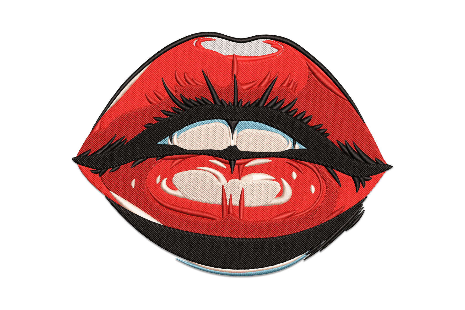 Embroidery design of bold classic red lips with gloss highlight effect, 6 colour dense satin fill in fashion beauty style