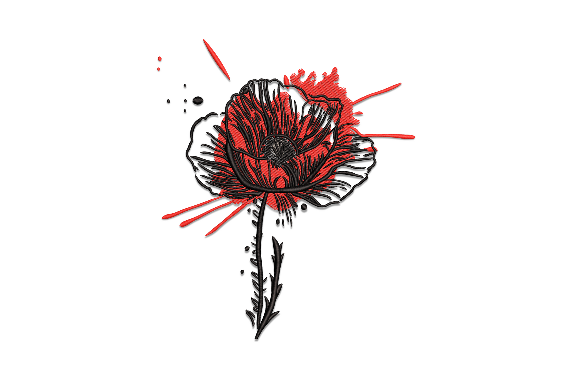Red poppy embroidery with sketchy black outline, satin red petal fills, dark jagged stem and ink-splash strokes behind the bloom.