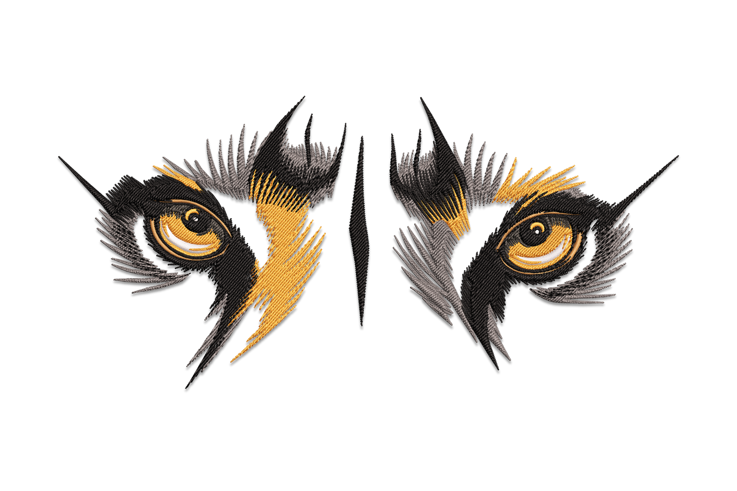 Striking tiger eyes embroidery design, amber iris portrait with grey fur and black brow marks on dark fabric.