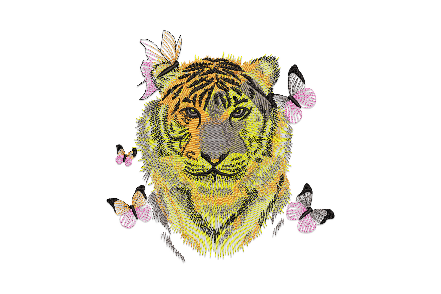 Striking tiger face embroidery, realistic portrait with orange and amber fur, black stripes and pink butterflies floating around it.