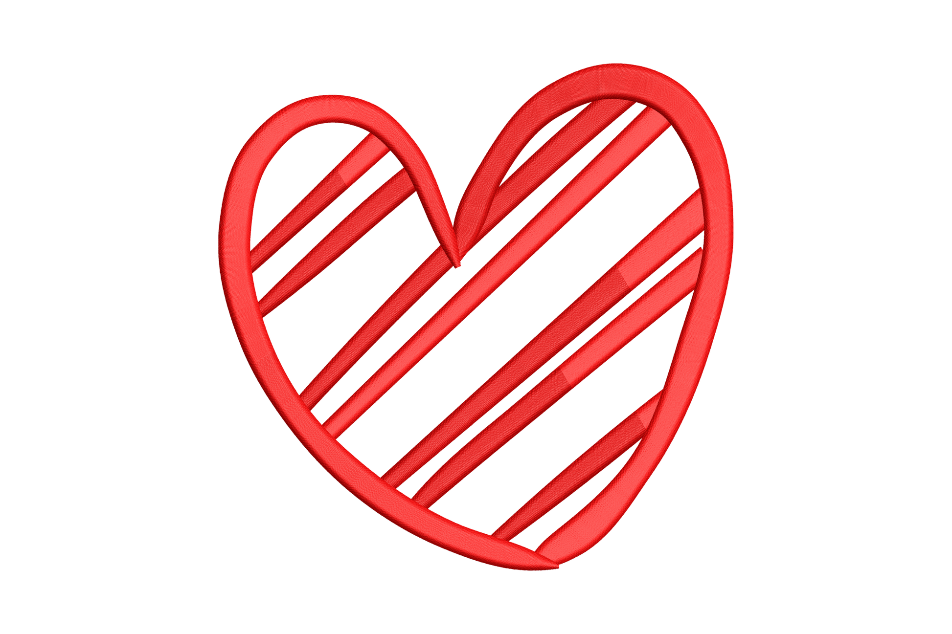 Striped heart outline machine embroidery, diagonal parallel line fill, single colour, 5 sizes from 1.49 to 5.43 inches