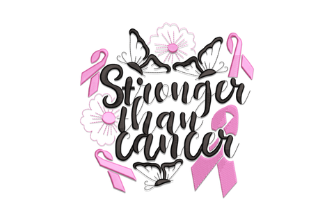 Stronger than cancer embroidery with flowing black script, outline butterflies, daisy flowers and pink ribbons.
