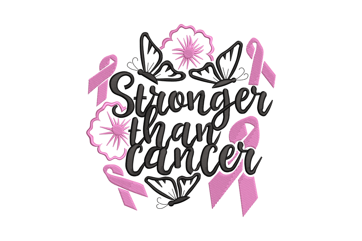 Stronger Than Cancer bold quote embroidery design in stacked lettering with 2 colours, 5 sizes from 3.5 to 7.5 inches wide
