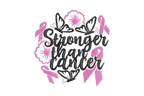 Stronger Than Cancer bold quote embroidery design in stacked lettering with 2 colours, 5 sizes from 3.5 to 7.5 inches wide