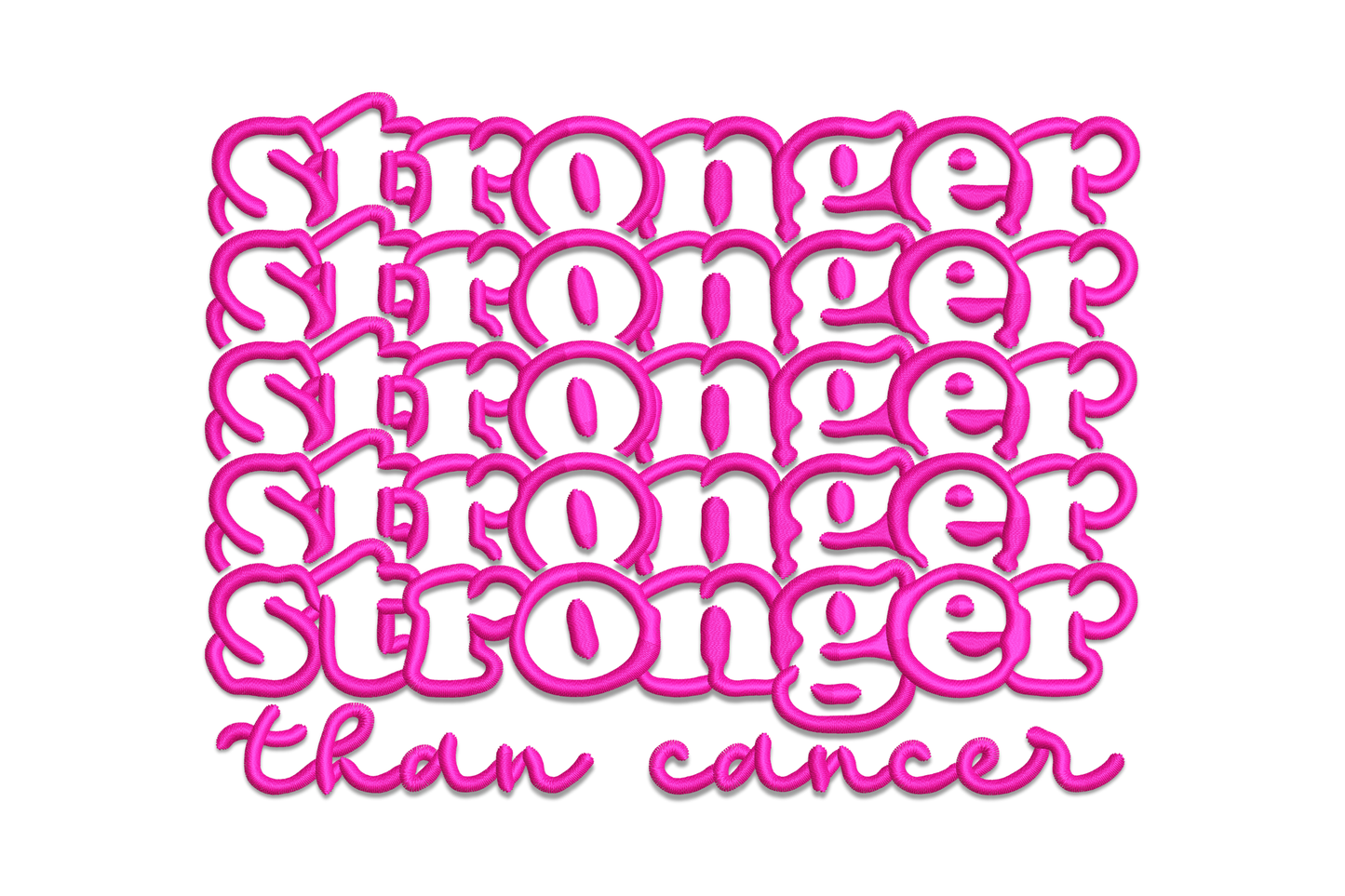 Stronger Than Cancer stacked block lettering embroidery design, bold 3-row typography, single colour, 5 sizes from 2.64 to 5.65 inches