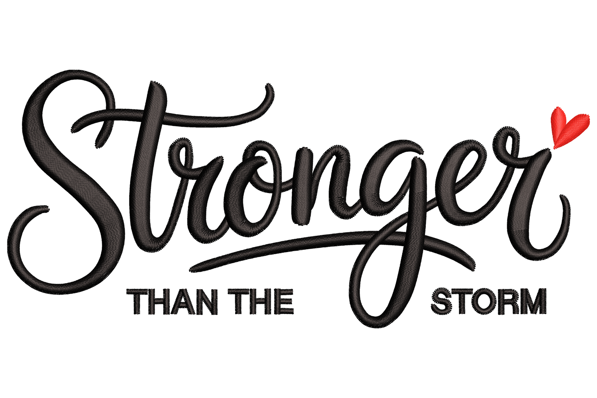Stronger Than The Storm script embroidery in four tall vertical lines of charcoal grey cursive with a small mustard yellow lightning bolt accent beside the bottom word.