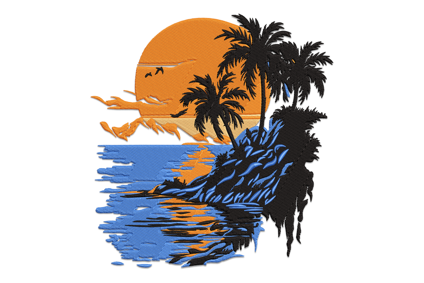 Tropical sunset embroidery design with orange sun, black palm tree silhouettes and blue ocean reflection