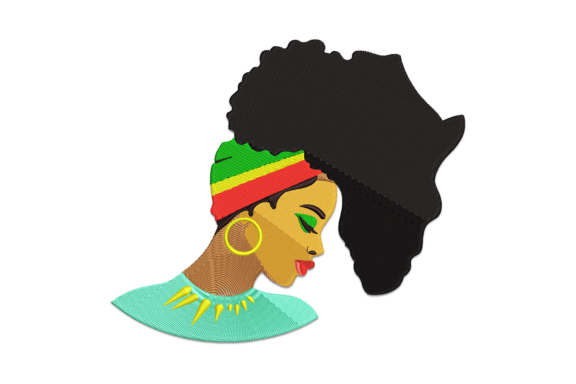 African woman side-profile embroidery design with Africa-shaped afro and Pan-African headband, 10 colours on white background.