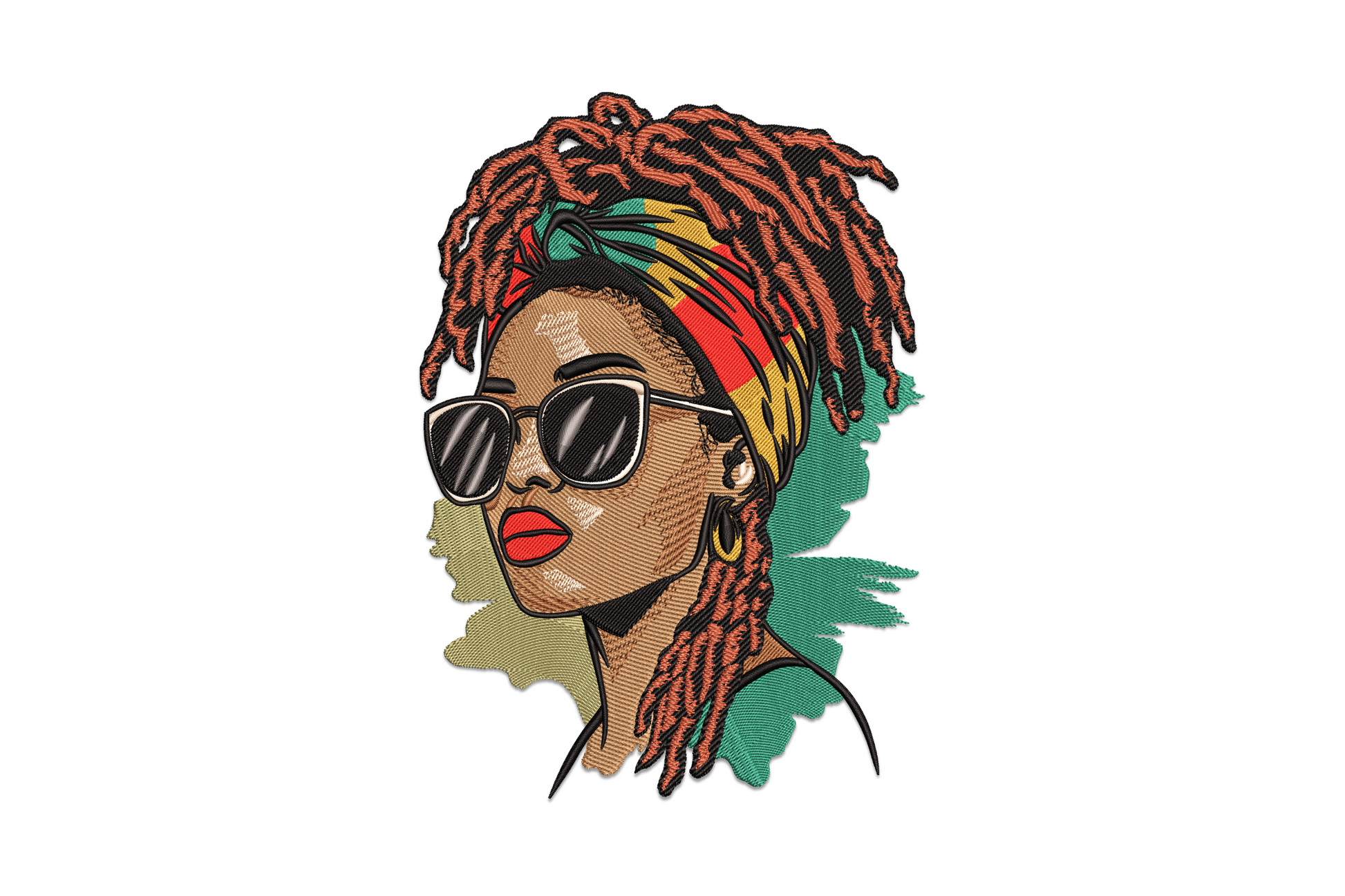 Stylish African woman with dreadlocks embroidery portrait, auburn locs, red-teal-gold headwrap, square sunglasses and bold red lips in 10 colours.