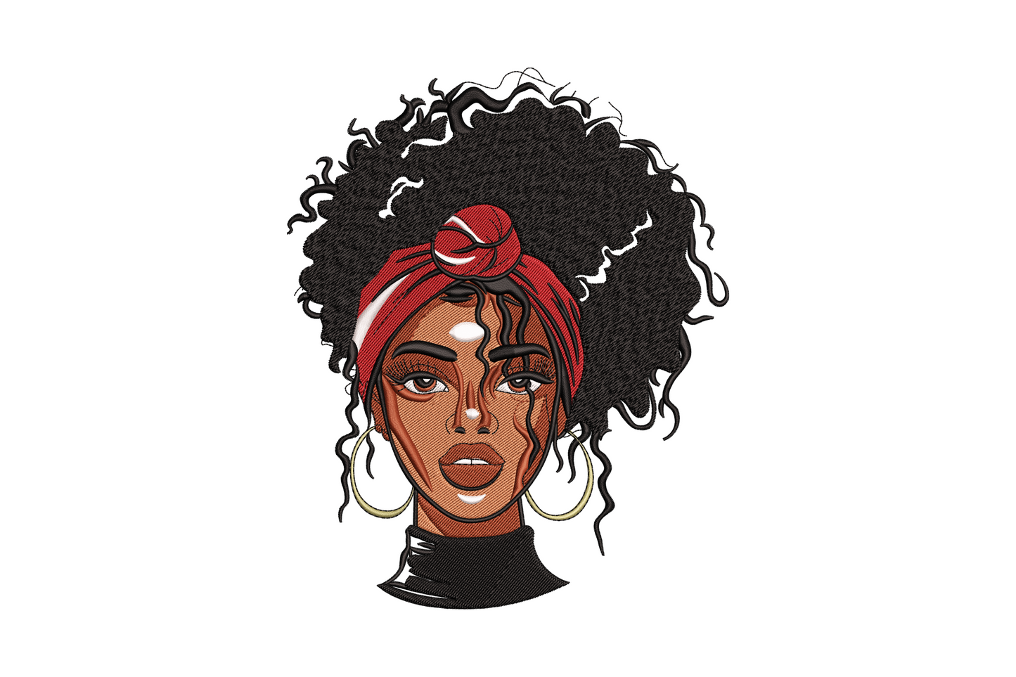 Stylish afro woman embroidery design showing a confident portrait with full rounded afro, brown skin tones, burgundy lip and mustard neckline in 6 colours.