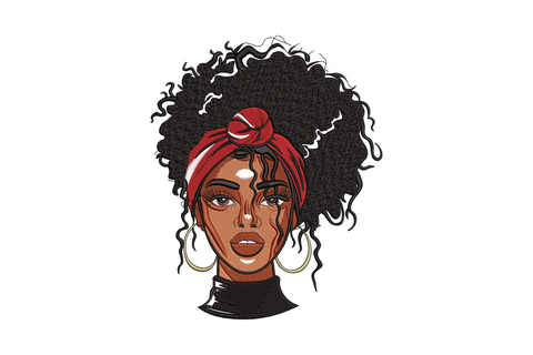 Stylish afro woman embroidery design showing a confident portrait with full rounded afro, brown skin tones, burgundy lip and mustard neckline in 6 colours.