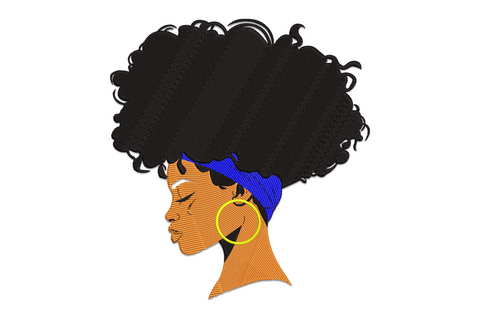 Side profile embroidery of a stylish woman with large natural afro, blue headband and gold hoop earring, machine embroidery design on white background