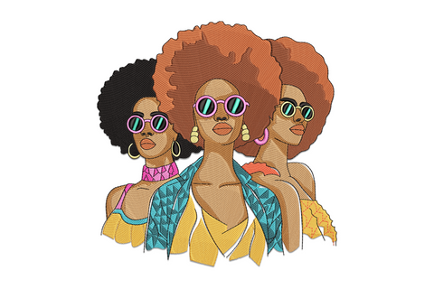 Stylish afro women embroidery, fashion illustration of woman with large natural afro, 13-colour layered skin tones, confident pose and stylish outfit