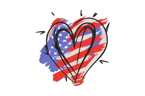 American flag heart embroidery design with red white blue stripes and star canton in heart silhouette, patriotic style