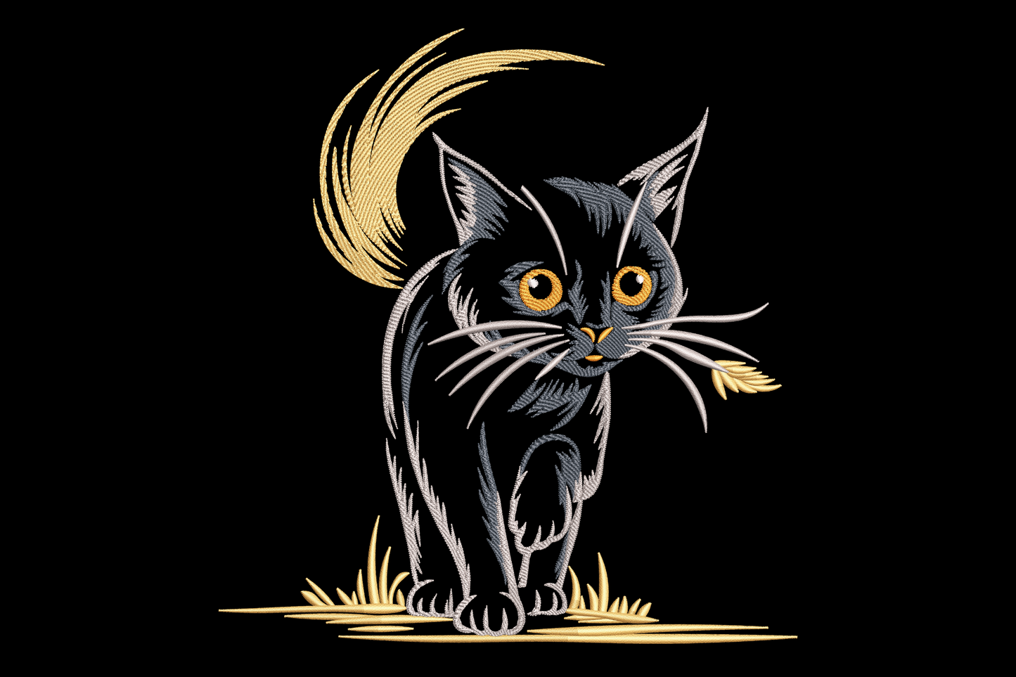 Sketch-style black cat sitting upright with tall curling tail and orange eyes, sandy grass at feet, machine embroidery design on white background