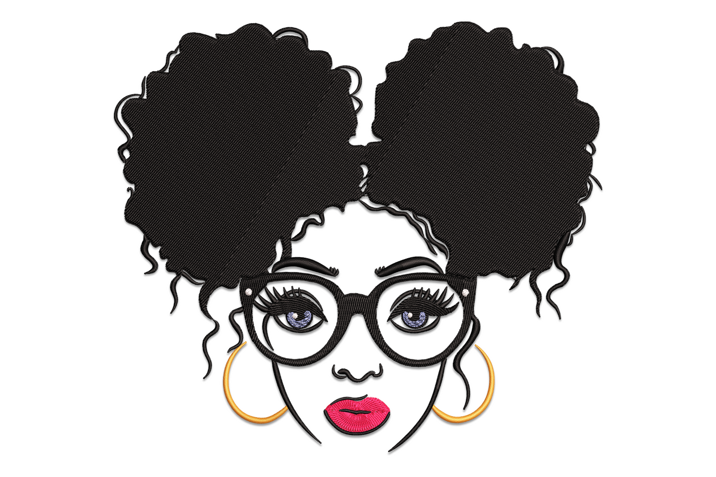 Black woman portrait embroidery with natural afro puffs, oversized round glasses and gold hoop earrings, bold red lips, machine embroidery design on white background