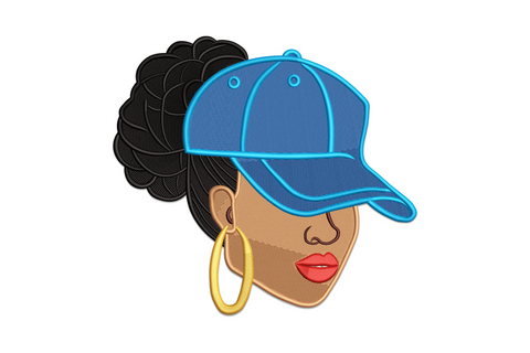 Portrait embroidery of a Black woman in side profile wearing a cobalt blue baseball cap, large afro puff, gold hoop earring and red lips.