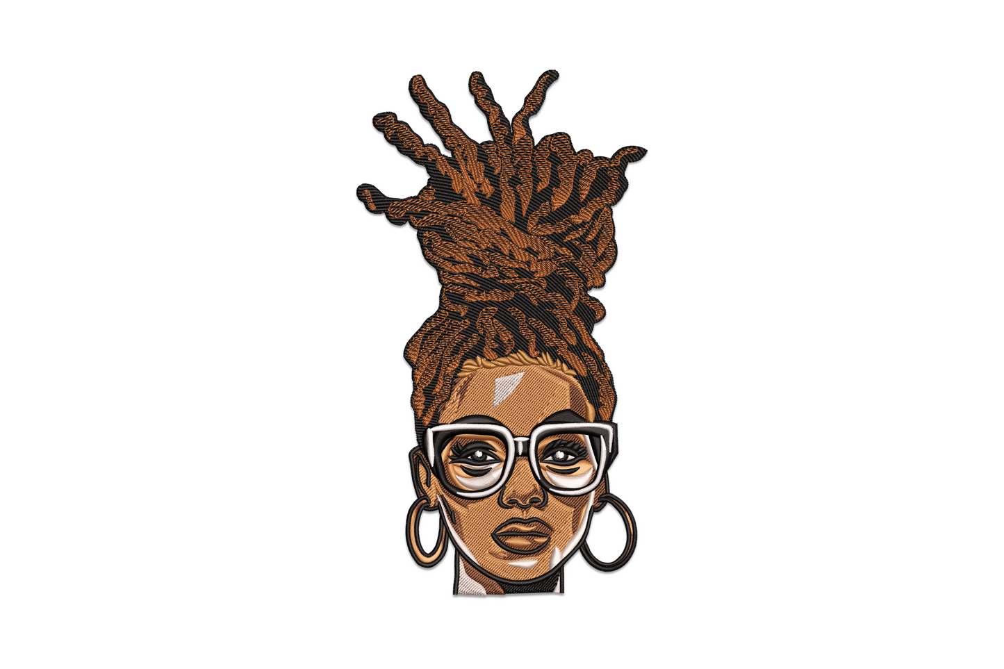 Stylish Black woman dreadlocks embroidery, swept-up locs crown, white square-frame glasses and hoop earrings, 7 colours.