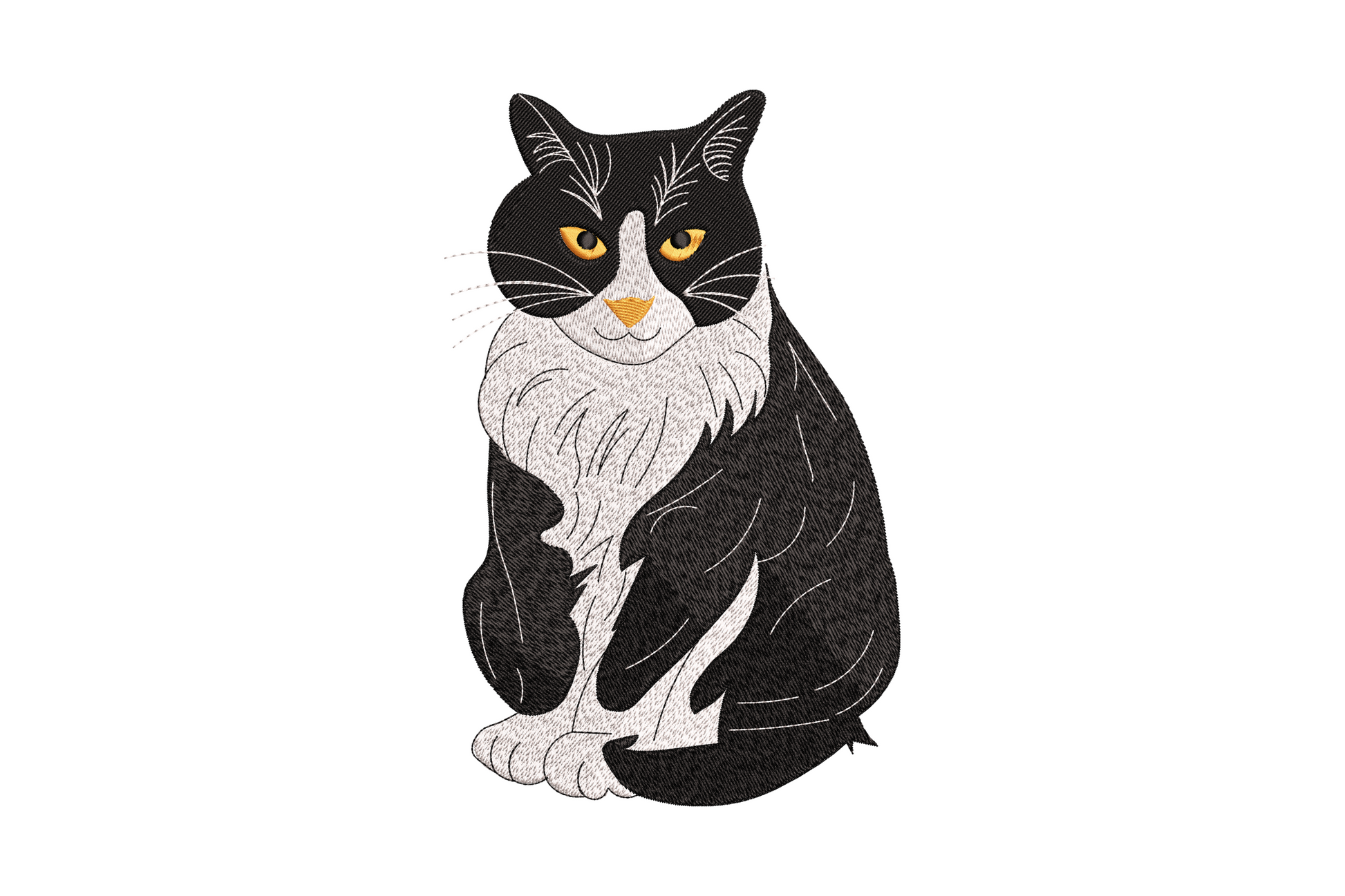 Tuxedo cat embroidery design, black coat with white chest bib, 3 colours at high density, 2.23 to 4.78 inch compact sizes