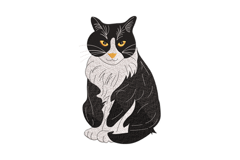 Tuxedo cat embroidery design, black coat with white chest bib, 3 colours at high density, 2.23 to 4.78 inch compact sizes
