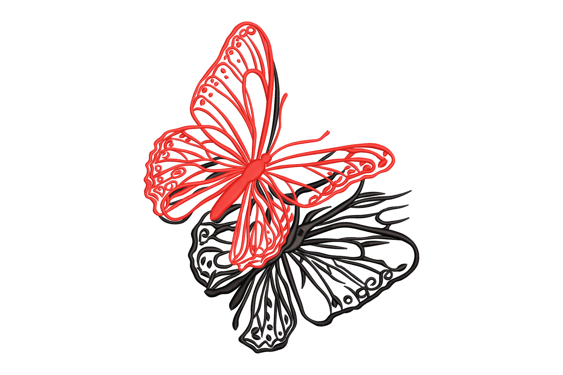 Stylish butterfly embroidery with open wings showing bold repeating curve and teardrop patterns, 2 thread colors, machine embroidery design on white background