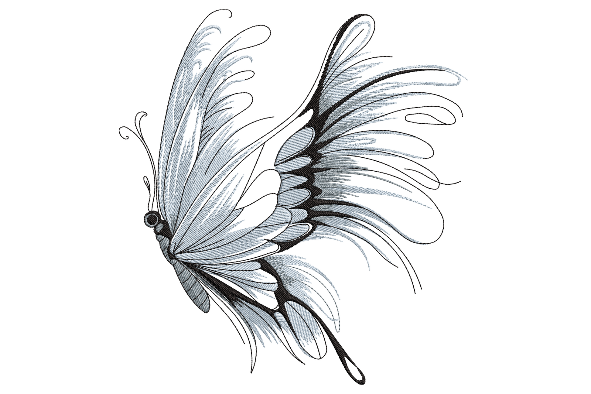 Stylish butterfly embroidery design in pale blue and black, side-profile with feathery trailing wing tips and curled antennae.