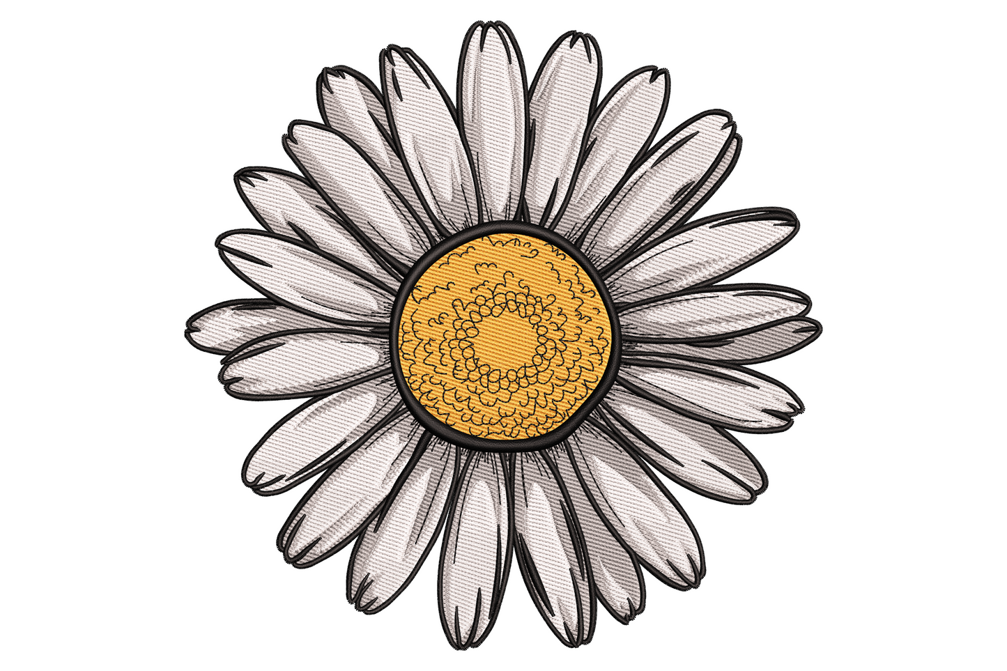 Stylish daisy embroidery design with large white petals in two full radiating rings, dark charcoal outlines and a warm golden textured centre with a spiral fill.