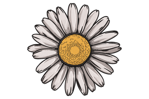 Stylish daisy embroidery design with large white petals in two full radiating rings, dark charcoal outlines and a warm golden textured centre with a spiral fill.