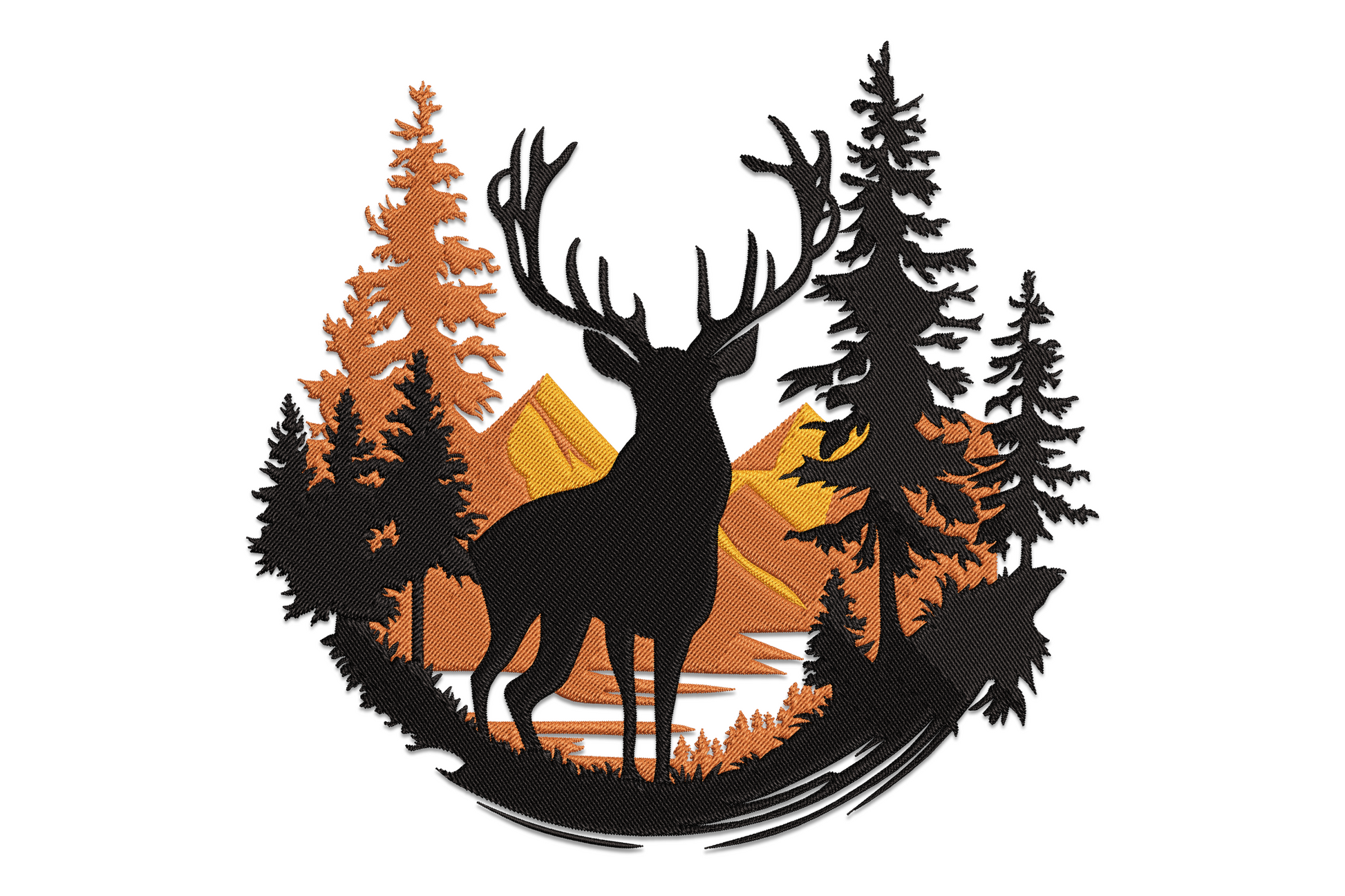Deer forest embroidery design with stag silhouette, pine trees and mountain peaks in a circular badge format