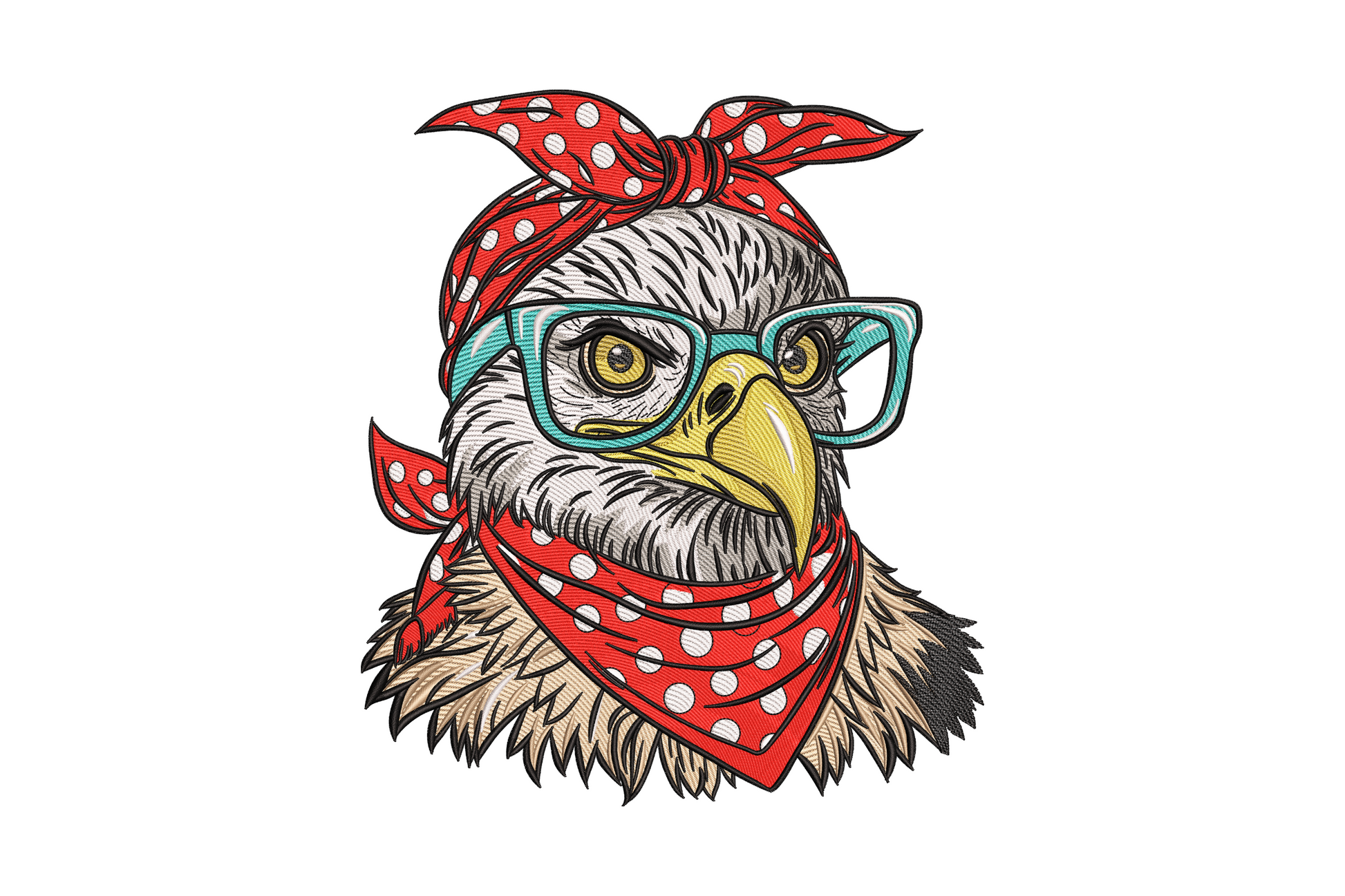 Stylish eagle embroidery with detailed feather stitching, amber eyes, golden beak, twelve colour realistic portrait