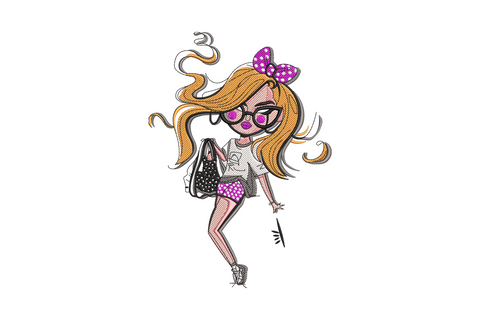 Stylish chibi fashion girl embroidery, orange wavy hair, purple star bow, round glasses, mini skirt and polka-dot handbag.
