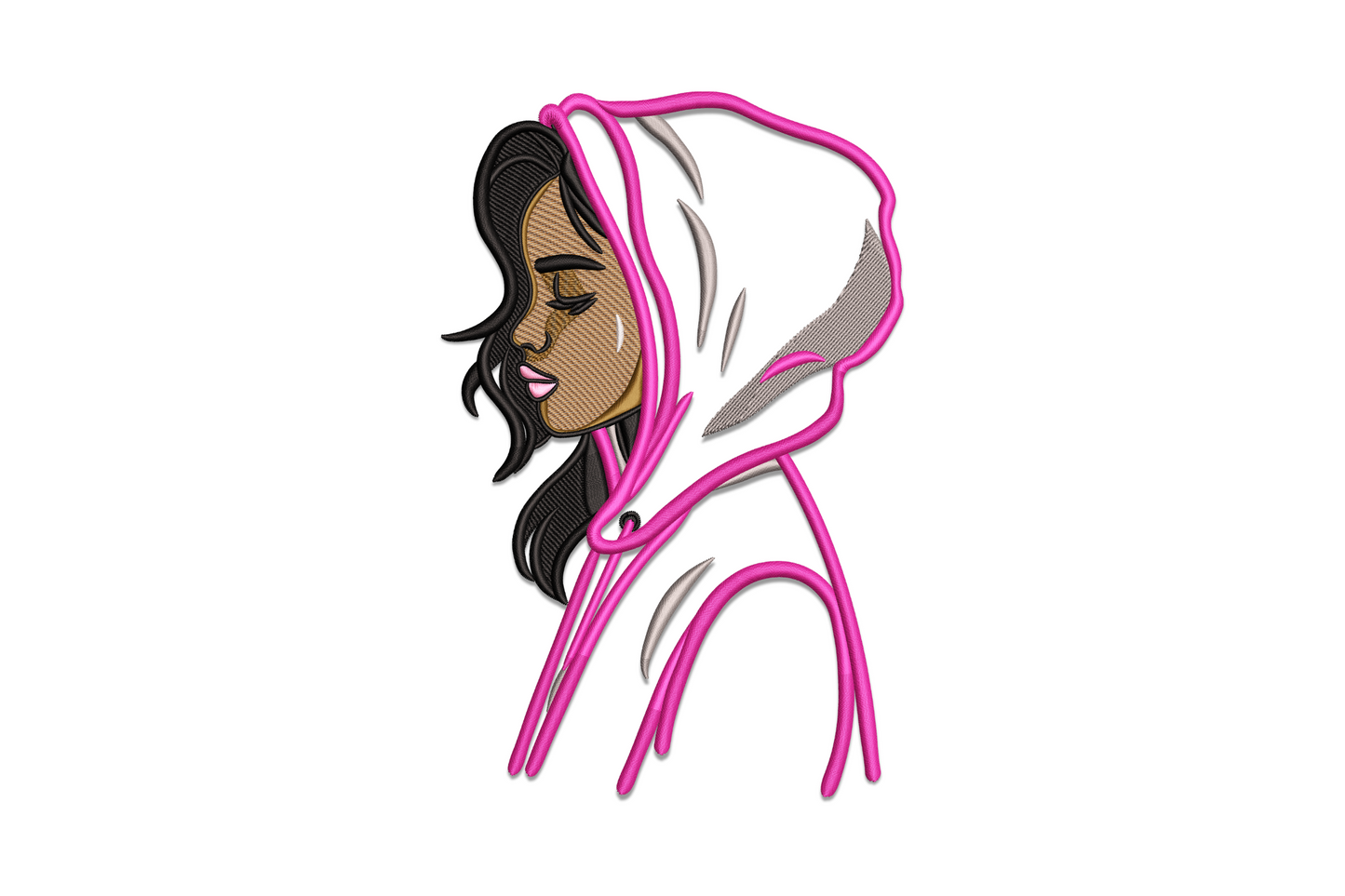 Stylish hooded girl embroidery design in 7 colours, fashion portrait with satin face details, 5 sizes from 3.51 to 7.51 inches wide