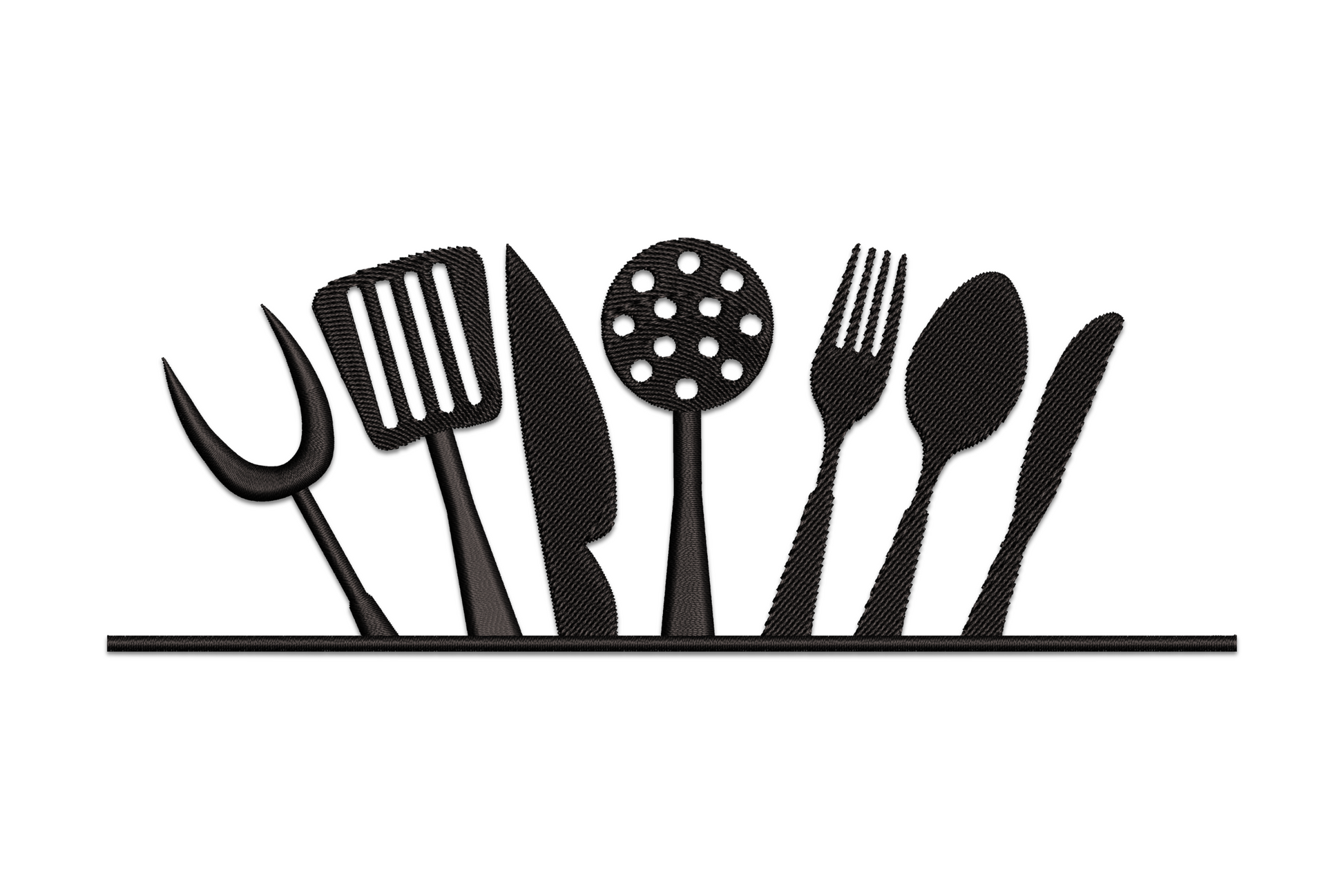 Kitchen utensils embroidery design, horizontal row of spoon spatula whisk and ladle in single-colour satin outline