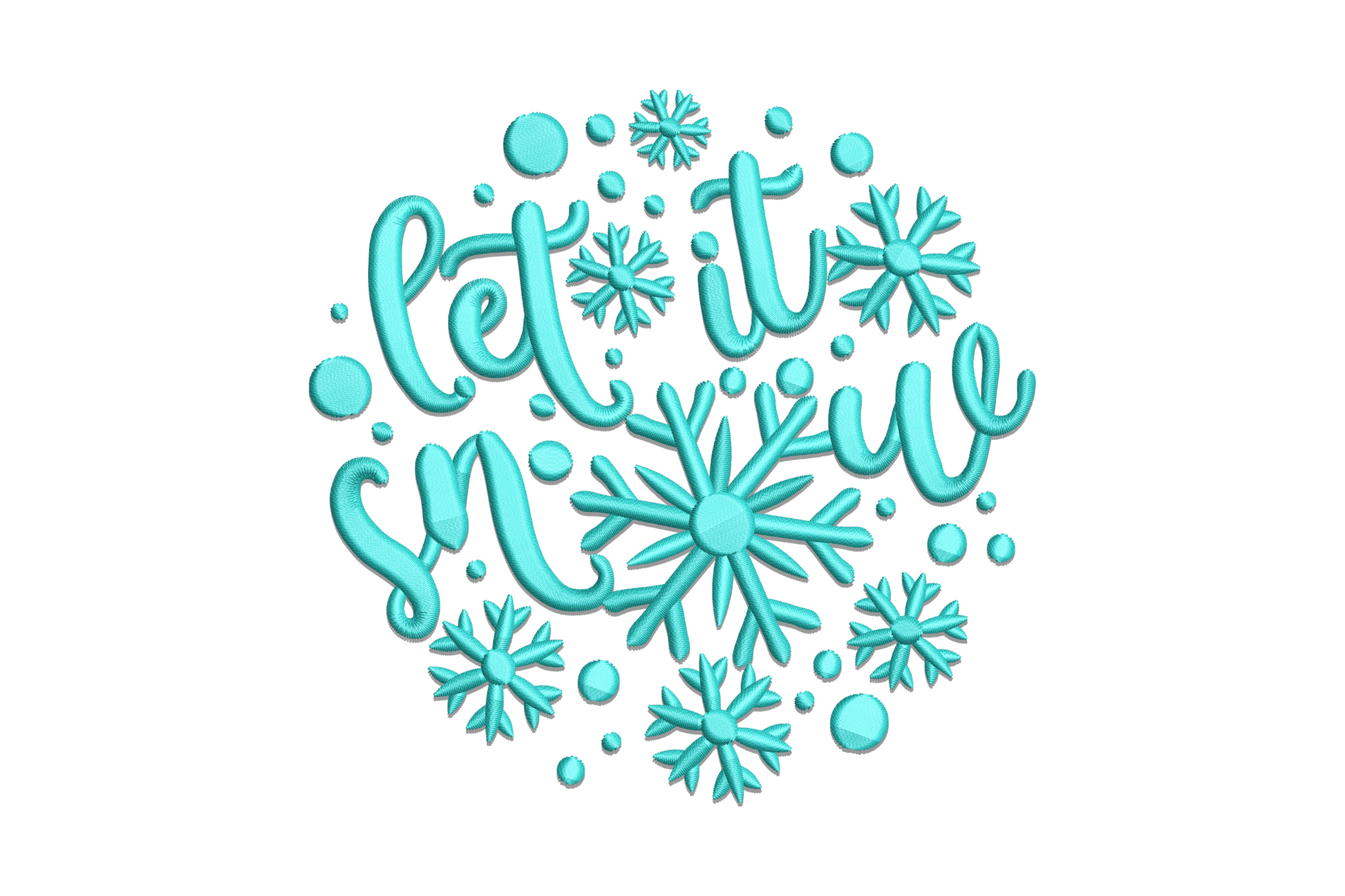 Aqua let it snow script in circular wreath with snowflakes and ornament balls, single color winter embroidery