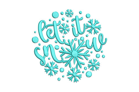 Aqua let it snow script in circular wreath with snowflakes and ornament balls, single color winter embroidery