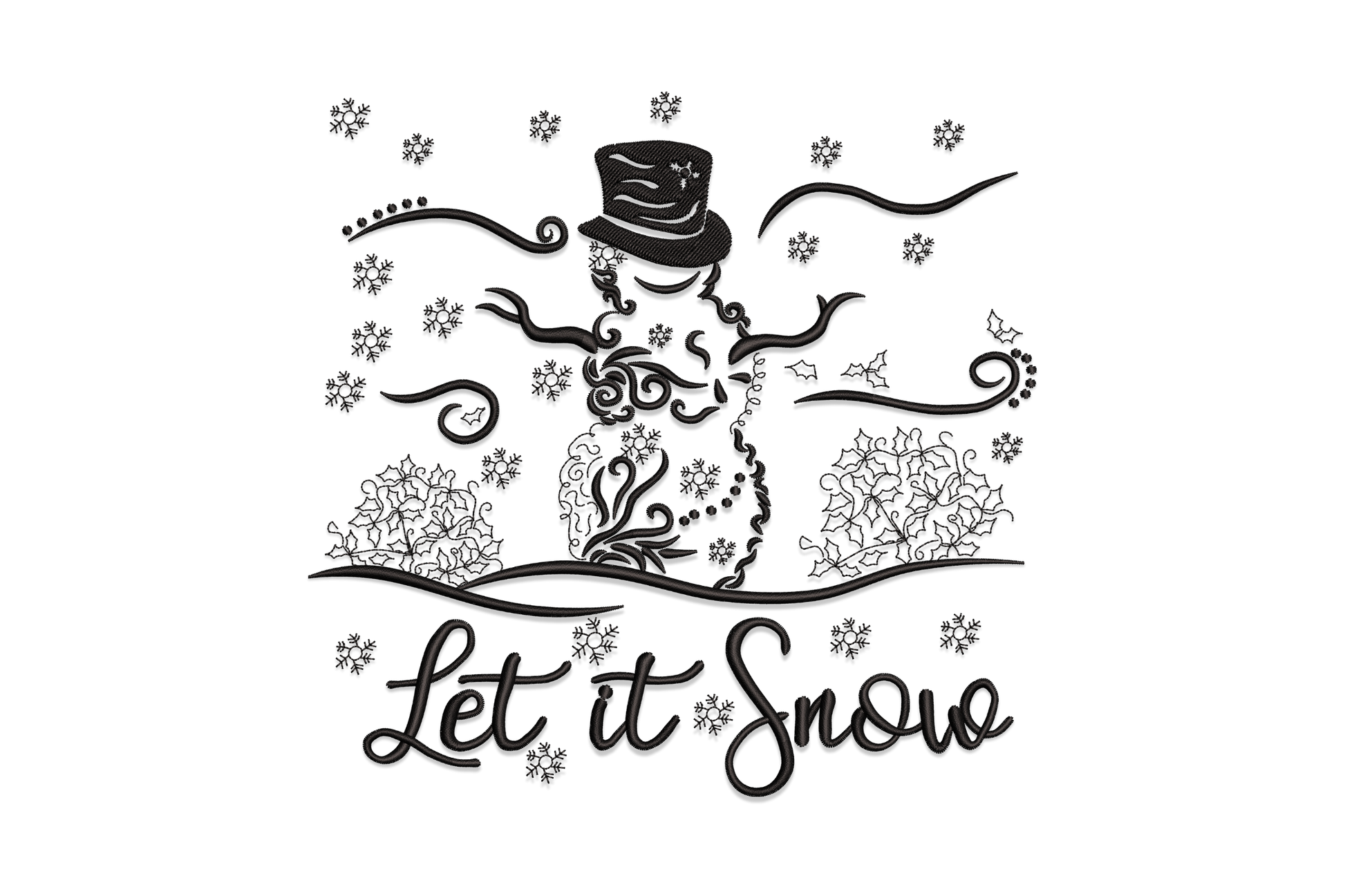 Let It Snow snowman embroidery design, slim snowman with butter yellow scarf and slate cursive script lettering.