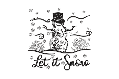 Let It Snow snowman embroidery design, slim snowman with butter yellow scarf and slate cursive script lettering.