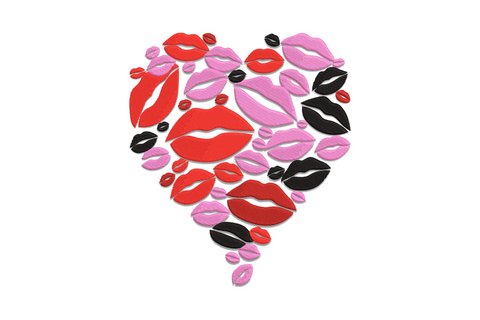 Bold pouty lips cradling a heart in the centre, satin-fill embroidery in deep red, hot pink and black on white fabric
