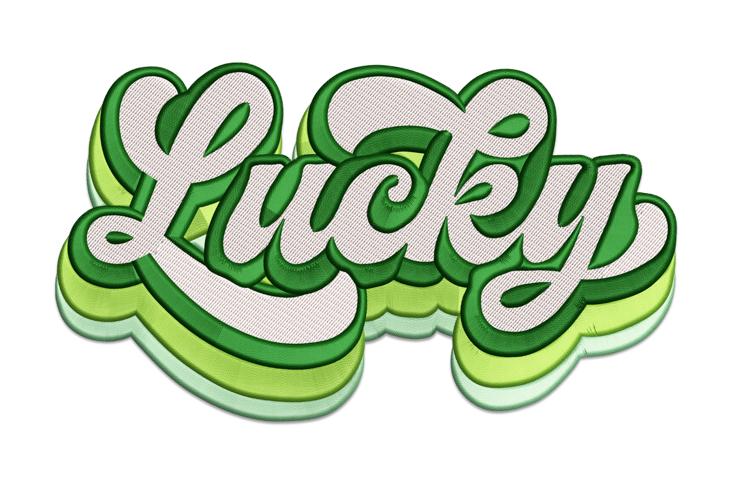 Lucky calligraphy script embroidery, thick downstrokes, gold accents, four-colour Irish St Patricks design.