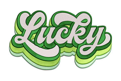 Lucky calligraphy script embroidery, thick downstrokes, gold accents, four-colour Irish St Patricks design.