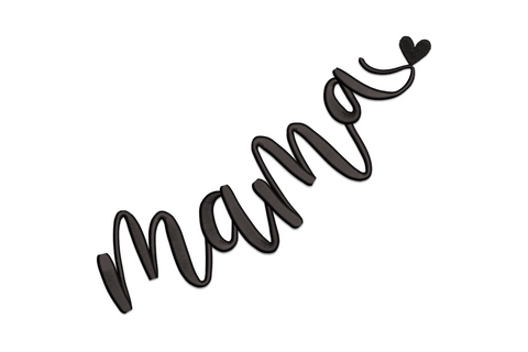 Stylish Mama script embroidery design with flowing modern calligraphy, long swash tails on the M, single colour satin column stitching on white background.