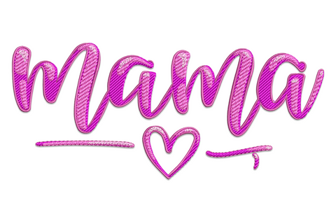 Machine embroidery design of modern calligraphy script spelling Mama in dusty rose and sage green with satin columns on white background.