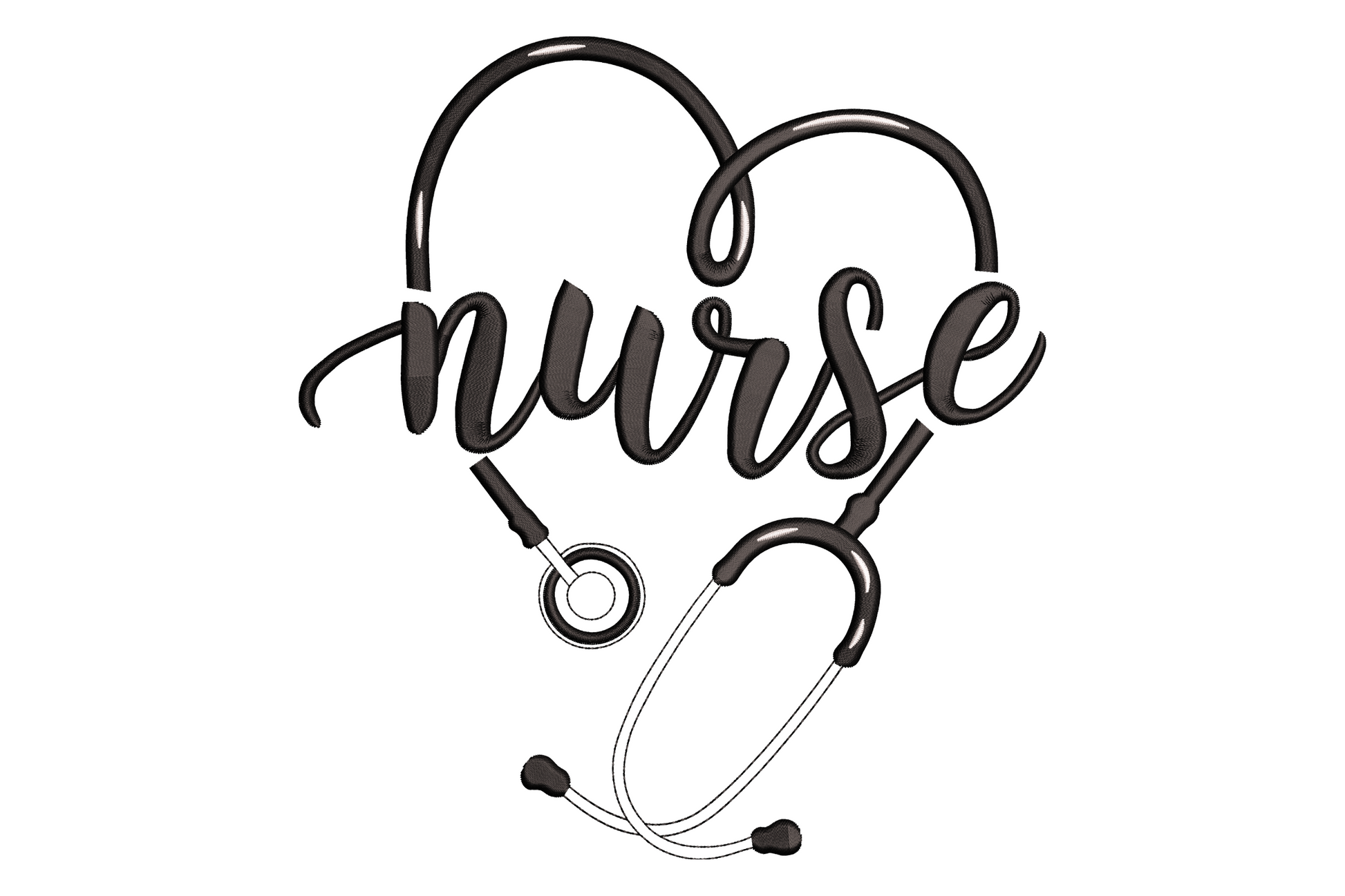 Machine embroidery design of a scarlet heart with a cream and chrome stethoscope wrapped around it, on white pique fabric