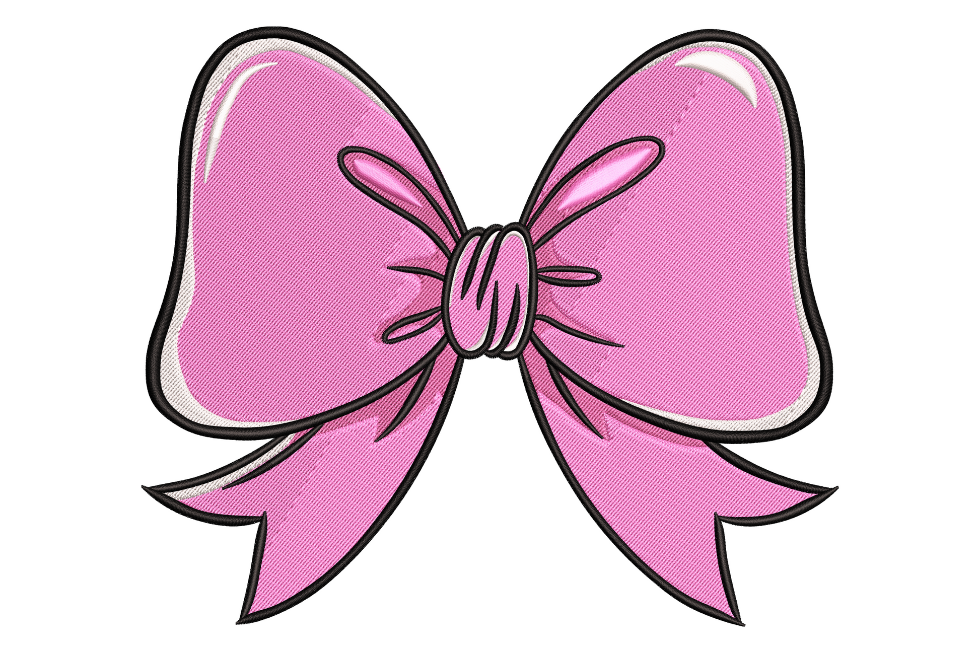 Machine embroidery design of a classic tied bow with dusty rose body and blush satin highlight bands on each wing, 4 colours, shown on cream fabric
