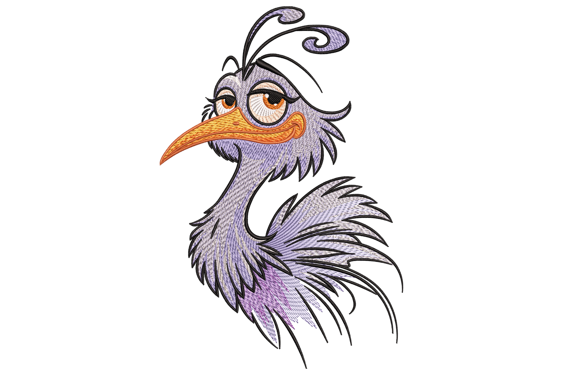 Embroidery of a tall stylised cartoon purple bird with droopy sleepy eyes long orange beak and wispy lavender feathers
