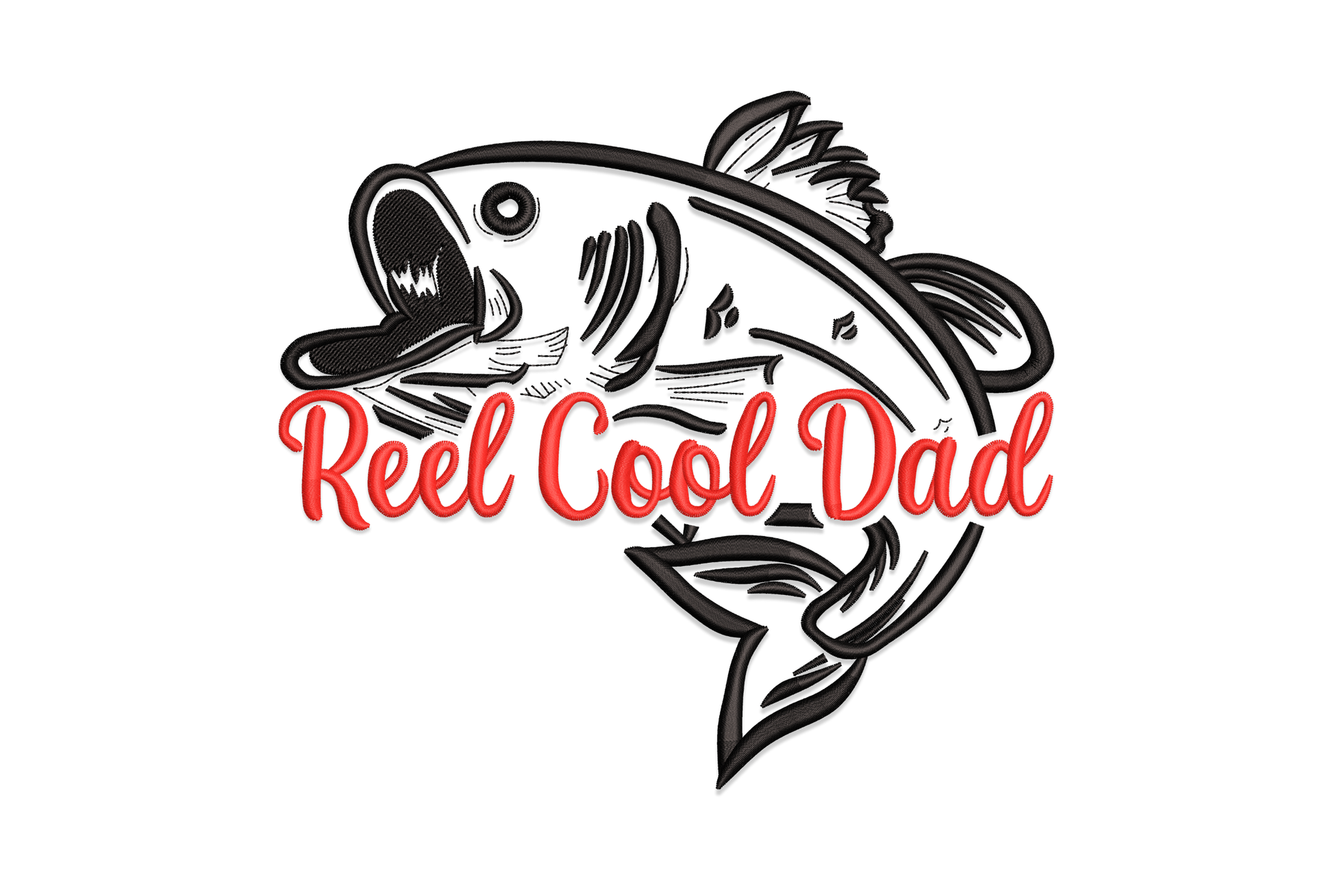 Stylish Reel Cool Dad machine embroidery design, clean modern fishing pun lettering, 2 colours, 5 sizes from 2.71 to 6.32 inches